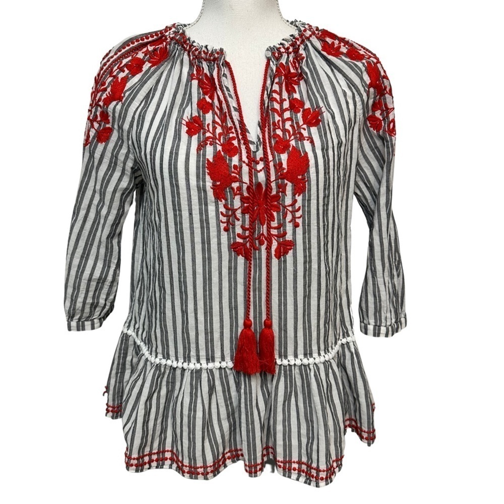 Kate Spade New York Striped Embroidered Tasseled Blouse Sz Xsmall Resort Wear